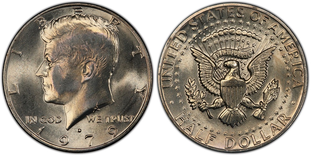 1979 Kennedy half dollar grading strip showing four condition tiers from Worn through Gem MS side by side