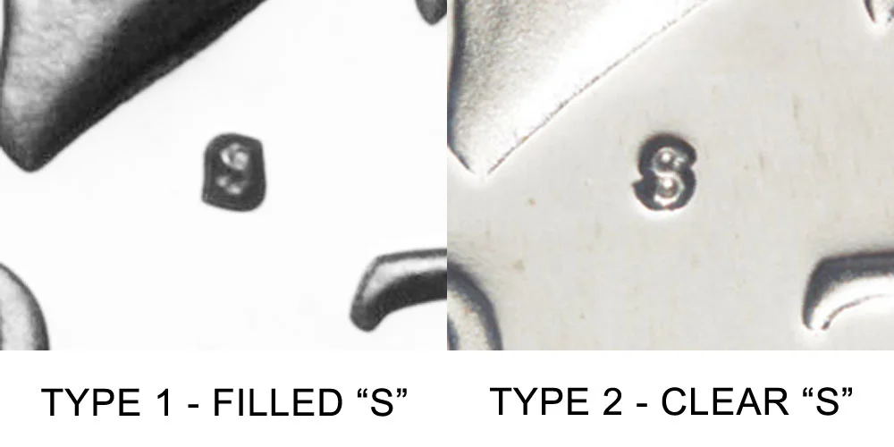 1979-S Kennedy half dollar Type 1 Filled S versus Type 2 Clear S mintmark comparison