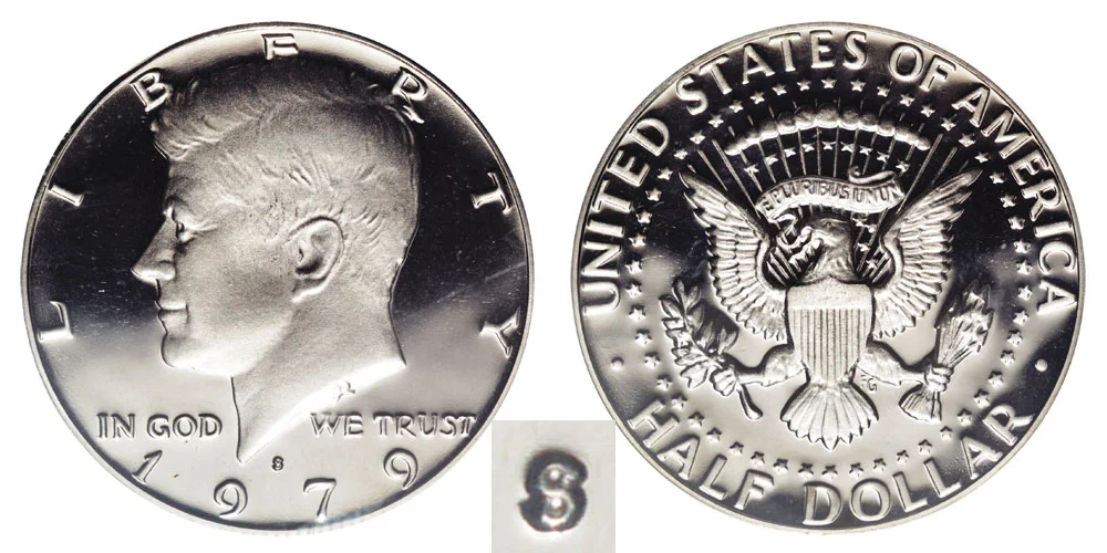 1979-S Kennedy half dollar Type 2 Clear S proof mintmark close-up under magnification showing crisp open loops