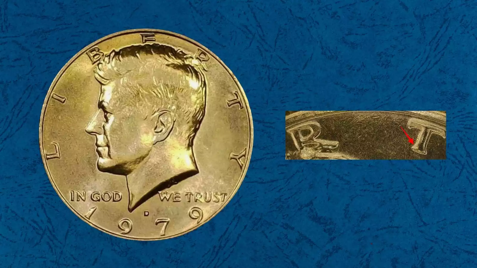 1979 Kennedy half dollar Doubled Die Obverse error showing doubling visible in LIBERTY and IN GOD WE TRUST inscriptions
