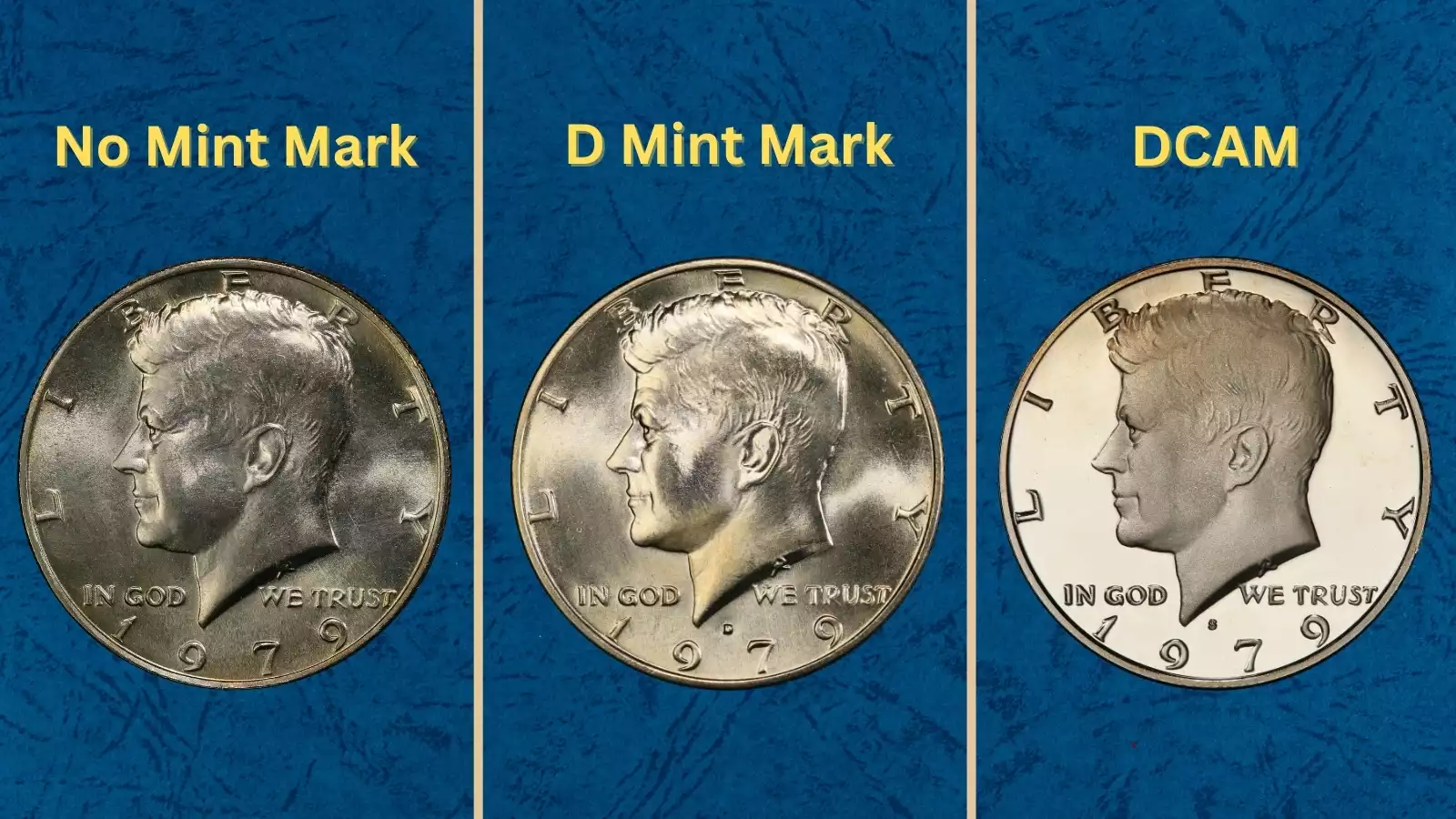 1979 Kennedy half dollar mintage overview showing coins from Philadelphia, Denver, and San Francisco facilities